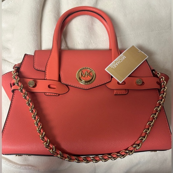 NWT MICHAEL KORS CARMEN LEATHER BELTED SATCHEL IN PINK GRAPEFRUIT - Picture 1 of 4
